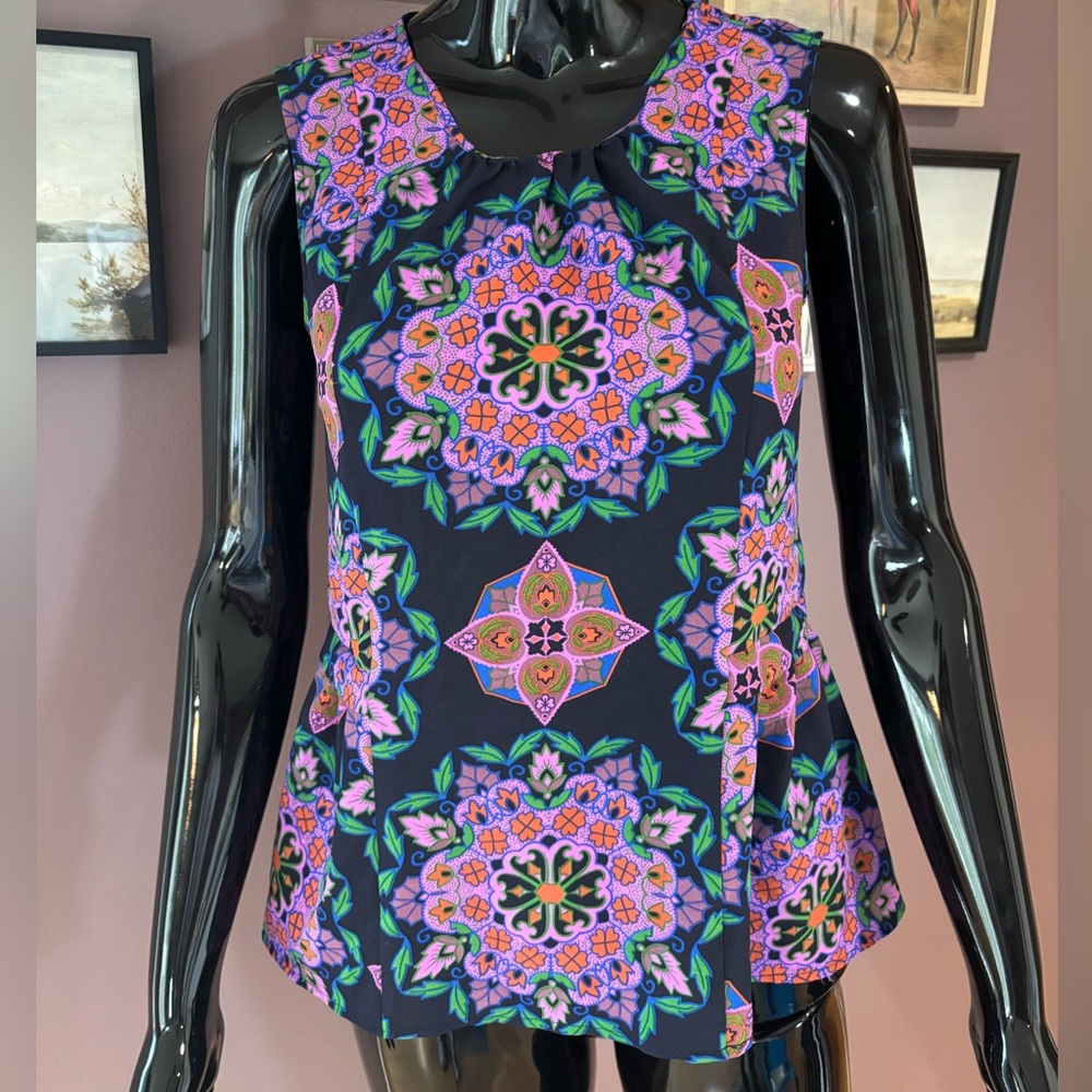 J. Crew Navy Colorful Damask Mirror Image Peplum Hem Top Tank Blouse